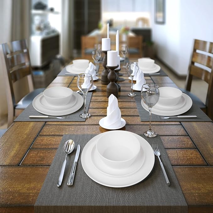 12-Piece Plastic Dinnerware Set Plates and Bowls Sets Service for 4 Matte White Melamine Plates Unbreakable Plastic Outdoor Camping Dishes Decor Dishwasher Safe