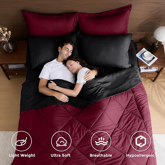HEVUMYI Red &amp Black Full Comforter Set - 7-Piece All Season Bed in a Bag Full Ultra Soft Burgundy Bedding Set with Comforter Flat Sheet Fitted Sheet Pillowcases Pillow Shams Burgundy Red &am