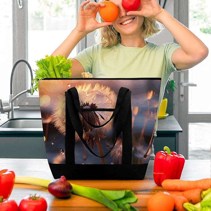 Insulated Shopping BagLarge Reusable Cooler Bags Dandelion Flower Printed Foldable Shopping BagTravel Waterproof Shoulder Bag
