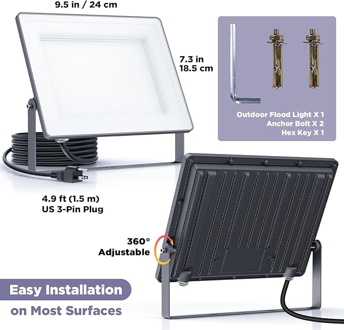100W 12000LM Flood Lights Outdoor Bright LED Work Light with Plug 6500K Daylight White LED Flood Lighting Security Yard Lights Waterproof for Garage Yard Porch 1 Pack