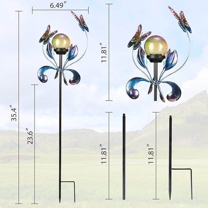 VCUTEKA Solar Lights Outdoor Metal Garden Stake Waterproof Crackle Glass Globe Garden Decor Butterfly for Pathway Lawn Patio Yard