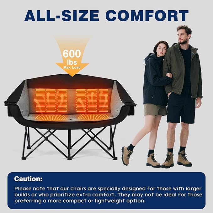 apollo walker Heated Double Camping Chair - Extra Wide Heavy Duty 600lbs Camping Couch with Adjustable Heating Dual Cup Holder &amp Carry Bag Loveseat Camping Chair for Outdoor Lawn Park