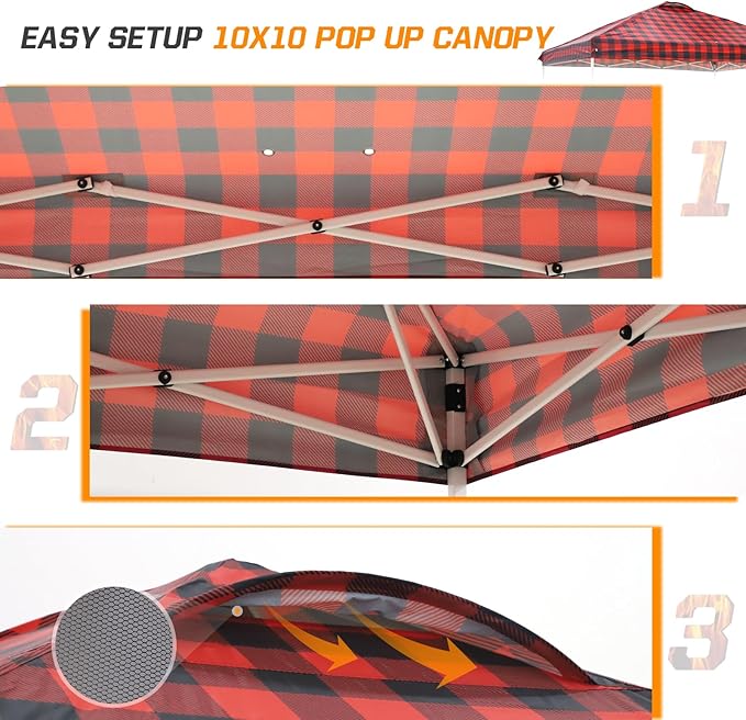 EAGLE PEAK Pop Up Canopy Tent with Wheeled Carry Bag 8 Stakes 4 Ropes 4 Weight Bags Easy Set Up Tent Canopy 10x10 ft 100sqft of Shade Red Plaid