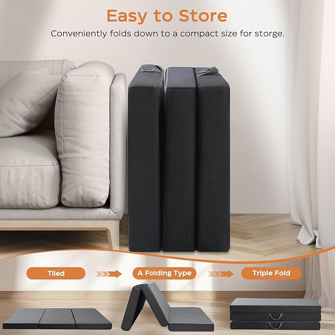 Tri Fold Mattress Twin Size with 2 Washable Removable Covers 75×38×6 Folding Memory Foam Floor Mattress Portable Guest Bed with Non-Slip Bottom for Camping Travel &amp Guest Room