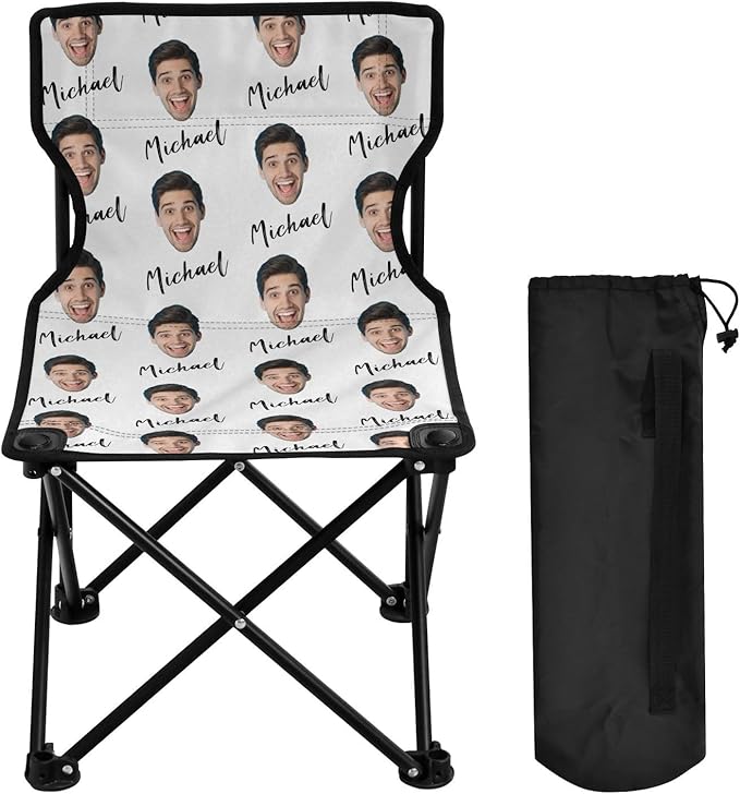 Sinestour White Custom Photo Folding Camping Chair for Teen Child Personalized Name 14.6×14.6in Portable Outdoor Chair with Carry Bag for Picnic Barbeques Beach