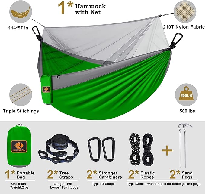 Camping Hammock with NetPortable Lightweight Double Hammocks with Tree Straps and Solid D-Shape CarabinersParachute Nylon Hammock for Backpacking Beach Backyard Patio Hiking Green&ampGrey