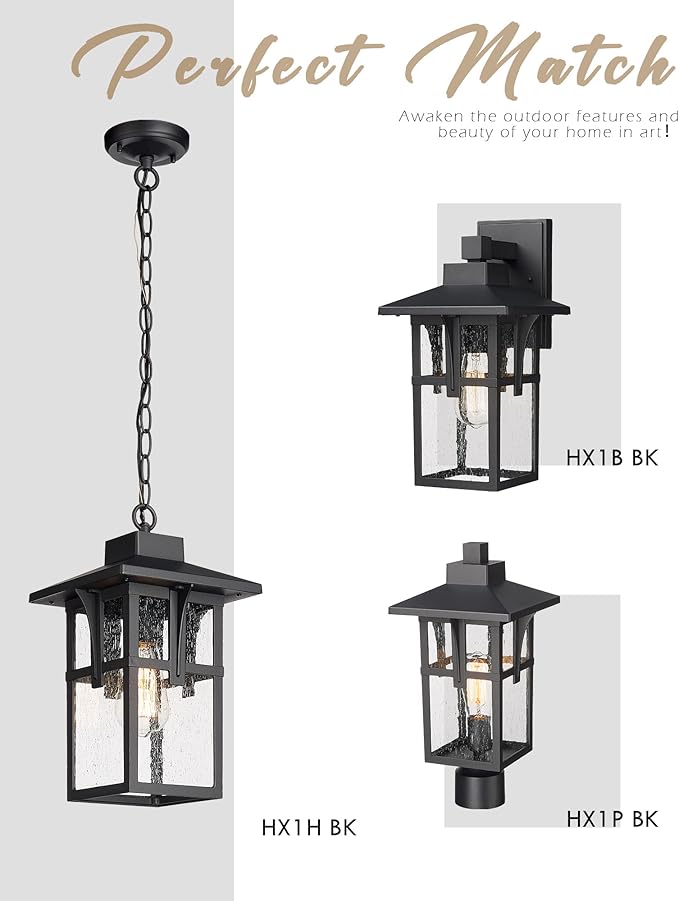 Outdoor Light Fixture HWH Large Outdoor Wall Lantern 1-Light Exterior Wall Mount Light with Seeded Glass Matte Black Finish 15 Height HX1B BK (Large)