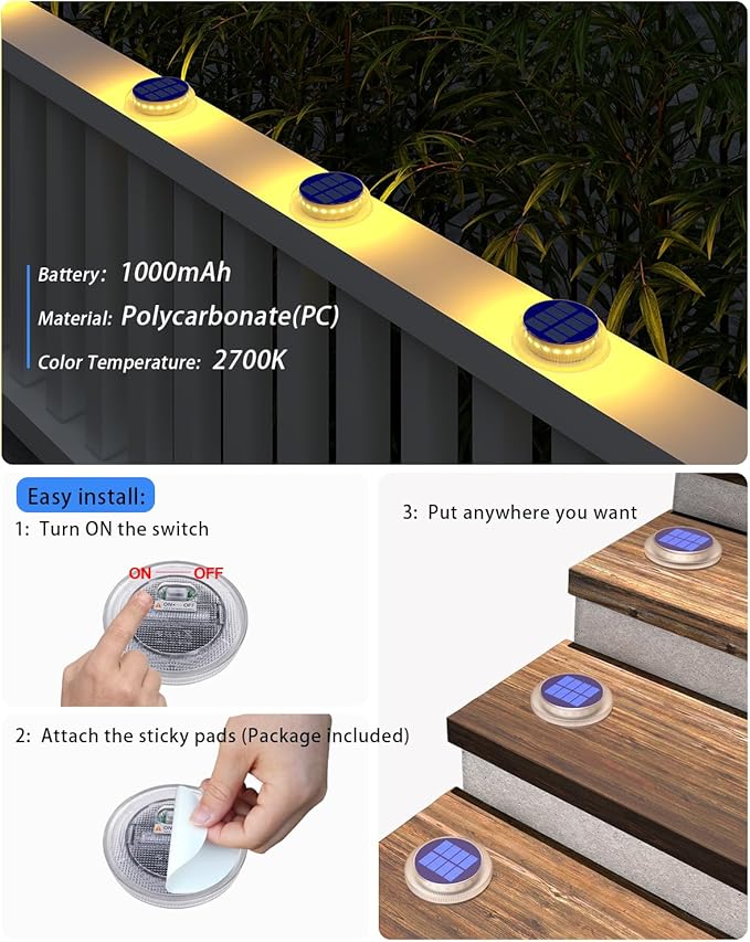 Solar Step Lights Outdoor Waterproof 4 Pack Warm White Flat Lights Solar Powered for Outside Stair Deck Dock Pathway Driveway Ground