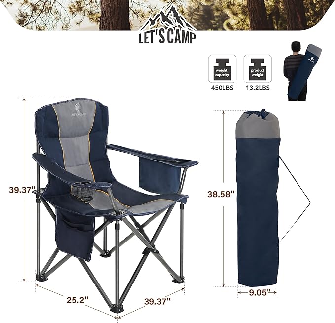 ALPHA CAMP Folding Camping Chair Oversized Heavy Duty Padded Outdoor Chair with Cup Holder Storage and Cooler Bag 450 LBS Weight Capacity Thicken 600D Oxford Blue
