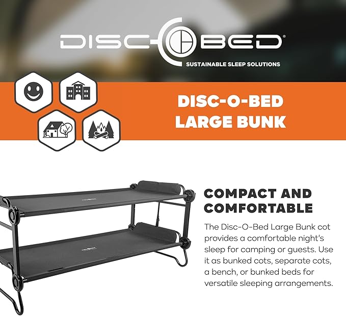 Disc-O-Bed Large Outdoor Convertible 2 Person Bench and Double Camping Cot Portable Bed Bunk System for Adults Black