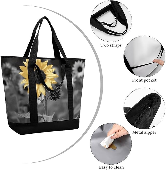 Insulated Shopping BagLarge Reusable Cooler Bags Black And White Sunflowers Printed Foldable Shopping BagTravel Waterproof Shoulder Bag