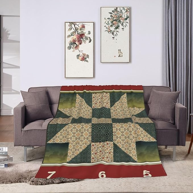 80X60 Star Patch Quilt Block Gold Green Lightweight Flannel Blanket - Soft and Breathable Polyester Suitable for Travel Camping and Home Decoration