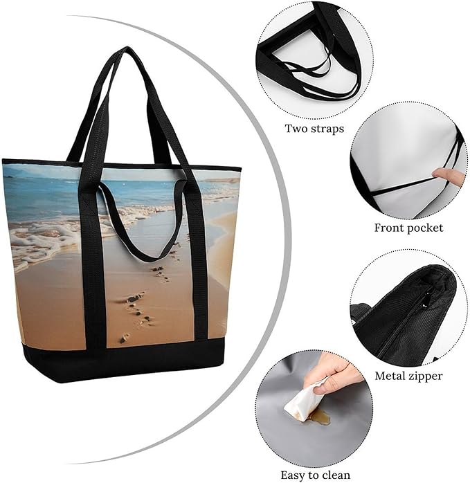 Insulated Shopping BagLarge Reusable Cooler Bags Beach Footprints Printed Foldable Shopping BagTravel Waterproof Shoulder Bag