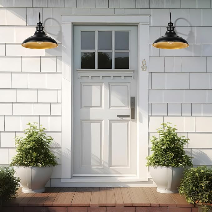 Dusk to Dawn Sensor Outdoor Barn Light Fixture 16 Inch Dome Farmhouse Outdoor Wall Sconce Exterior Wall Mount Light Industrial Black Gold Wall Lantern for Porch Garage Shed1 Pack