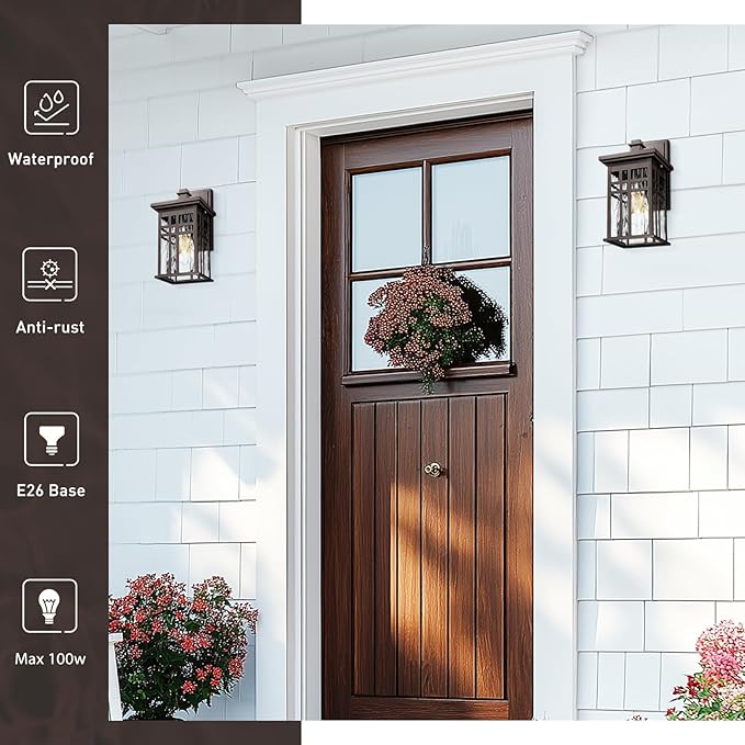 zeyu 12 Inch Patio Wall Light Fixture 2 Pack Outdoor Modern Wall Lights Die-Cast Aluminum Oil Rubbed Bronze Finish with Water Ripple Glass Glass 20068B1-2PK ORB WP