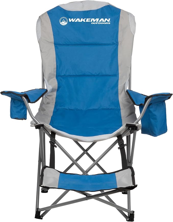 Camping Chair with Foot Rest - 300lb Capacity Beach Chair with Footrest Cupholder and Cooler Pouch - Portable Chair by Wakeman Outdoors (Blue)