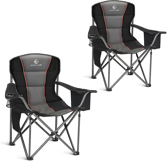 ALPHA CAMP 2PC Oversized Camping Chair Heavy Duty Lawn Chair with Cooler Bag (Black)
