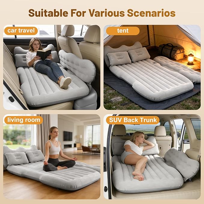 Inflatable Car SUV Air Mattress Back Seat Bed with Air PumpPortable Thickened Car Travel Camping Sleeping Air Mattress Blow Up Bed for Car Universal SUV
