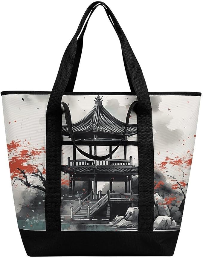 Insulated Shopping BagLarge Reusable Cooler Bags Chinese Ink Painting Printed Foldable Shopping BagTravel Waterproof Shoulder Bag