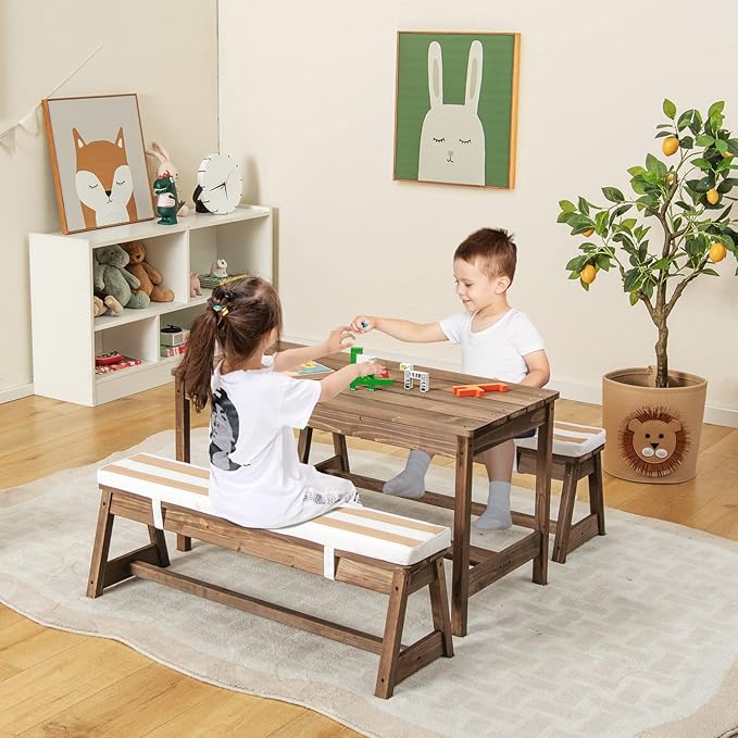 2-in-1 Kids Picnic Table Wooden Kids Outdoor Tables with Removable Umbrella &amp Cushions Fits 4 Children Indoor Outdoor Toddler Picnic Table for Backyard Lawn &amp Patio (Coffee)