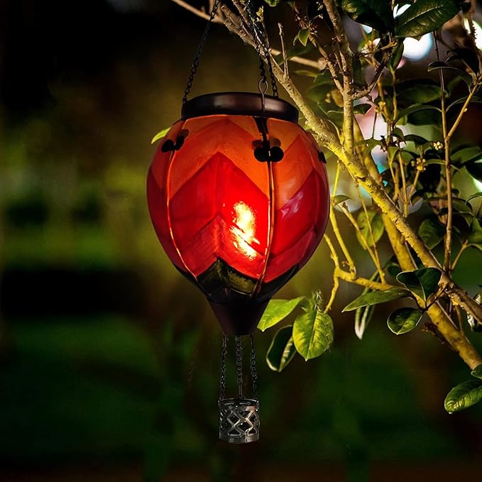 Glass Solar Hot Air Balloon Lantern with Flame Hanging Garden Flickering Light Outdoor Waterproof for Yard Patio Tree Mother's Day Gift Wavy-Colorful