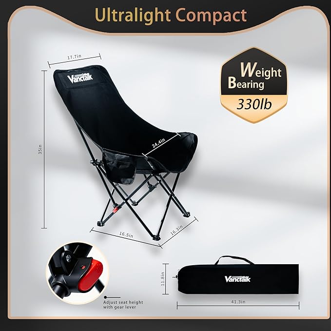 Outdoor Folding Chair Ultralight 4.4LBS Portable Camping Chair with Adjustable Gear Lever &amp Carry Bag 330LBS Heavy Duty Carbon Steel Chair for Camping Hiking Picnic Outdoor Activities