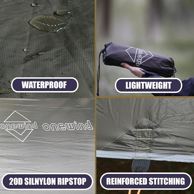 onewind 10×10 ft Camping Tarp Waterproof Silnylon Emergency Shelter Survival Tent Tarp Hammock Rainfly for Ultralight Camping Backpacking Buschcraft OD Green