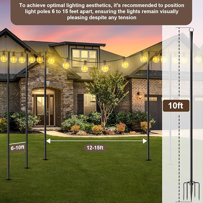 2 Pack 10FT Lighting Hanging Pole for Outside Waterproof Hardened Metal Outdoor String Light Poles for Patio Garden Bistro Wedding Parties