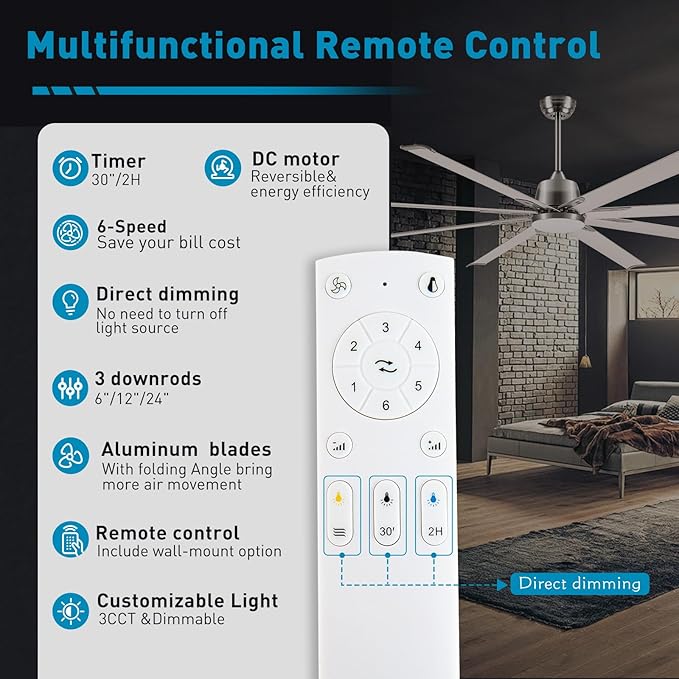 72 lnch lndustrial Celing Fan with Light and Remote ControlLarge Celing Fan with 8 Brushed Nickel Aluminum Blades6 Speed Noiseless DC MotorWet Rated Indoor Outdoor Ceiling Fans for PatioGarage