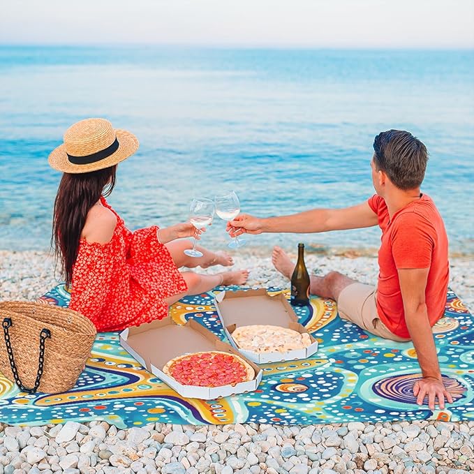 Waterproof Sandproof Beach Blanket 59''×68'' Bread Starfish Polyester Outdoor Picnic Blanket with 4 Stakes &amp Storage Bag for BeachCampingVacation Blue