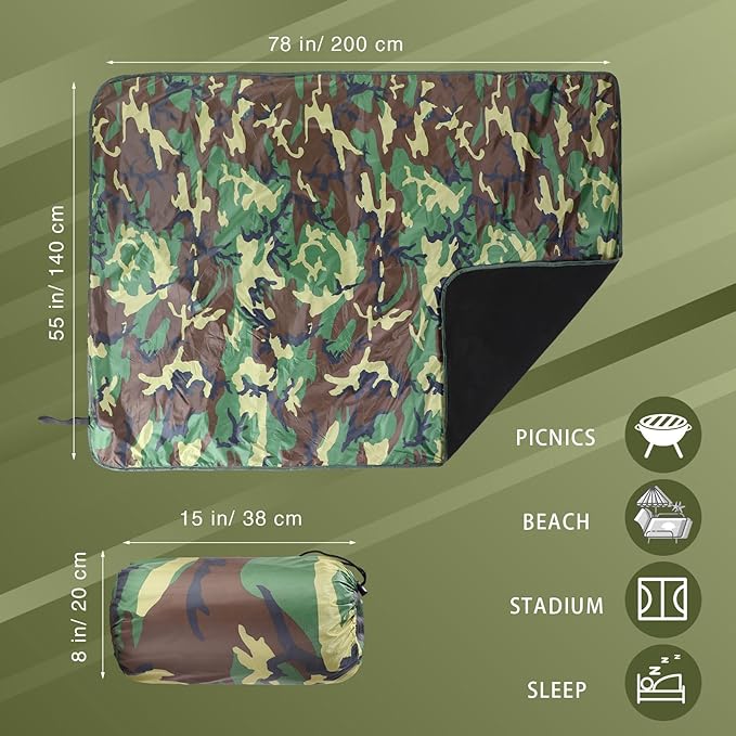 Preboun 4 Pack Large Waterproof Stadium Blankets Thick Warm Fleece Picnic Camping Blankets for Cold Weather Football Games Concerts Beach Outdoor Activities Homeless Donations(Camouflage)