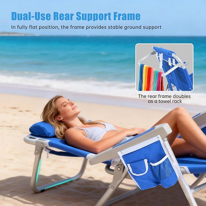 SUNNYFEEL Low Beach Chair 5 Position Lay Flat Portable Folding Backpack Beach Chairs Heavy Duty with Cooler Bag Cup Holder for Outdoor/Lawn/Trip/Picnic/Fishing Foldable Camping Chair (New Blue)