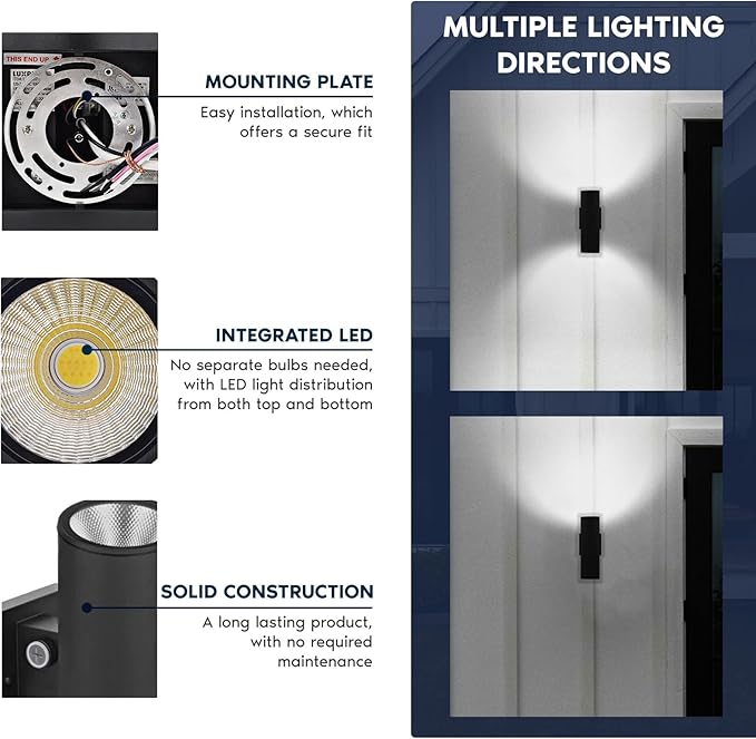 Luxrite Dusk to Dawn LED Modern Outdoor Wall Lights 10 Cylinder Up or Up and Down Light 3CCT 3000K-5000K Waterproof Wall Sconce 12/15/18W Dimmable IP65 ETL Exterior Porch Patio Garage 2-Pack