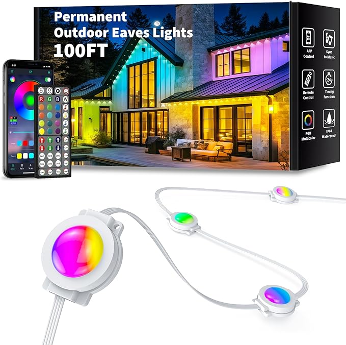 100FT Permanent Outdoor Lights Waterproof Smart RGB Eaves Lights with App/Remote Control DIY Scene Modes LED Outdoor Lighting for Christmas Holidays Daily Party House Roof Lighting