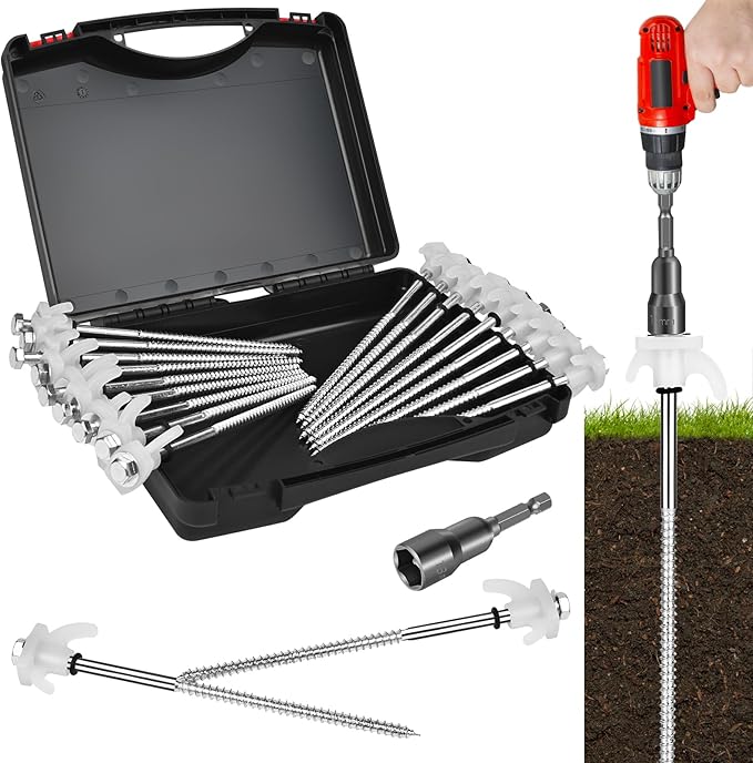 20 Pack Tent Stakes Heavy Duty 8 Inch Ground Anchor Screw Camping Stakes with Luminous Head Metal Threaded Tent Pegs Includes Hex Head Driver and Storage Box