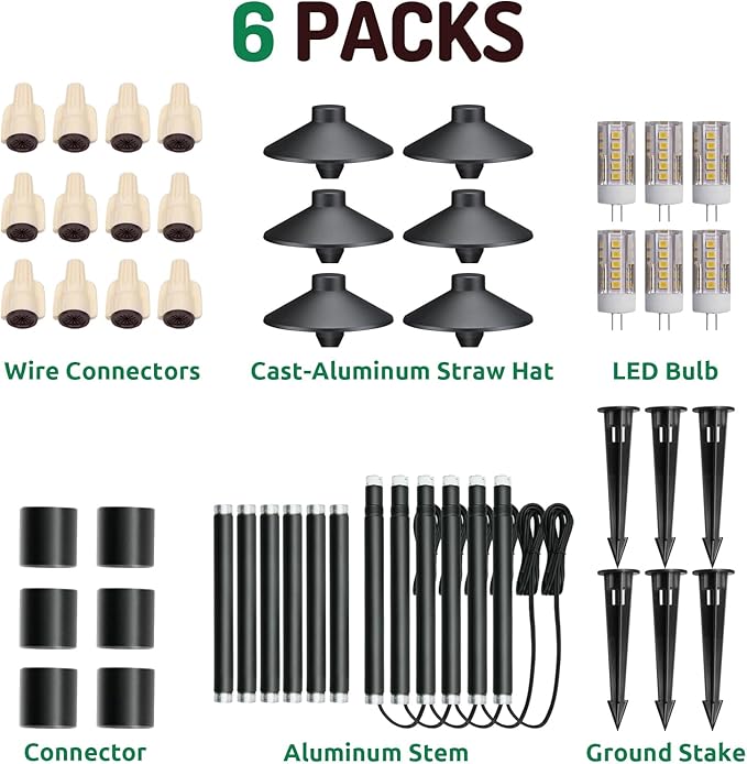 Lumina Lighting® Low Voltage Landscape Lighting Cast-Aluminum Path and Area Light Warm White 3W G4 LED Bulb and ABS Ground Stake Included for Yard Walkway Lawn PAL0106-BkLED6 (Black6-Pack)
