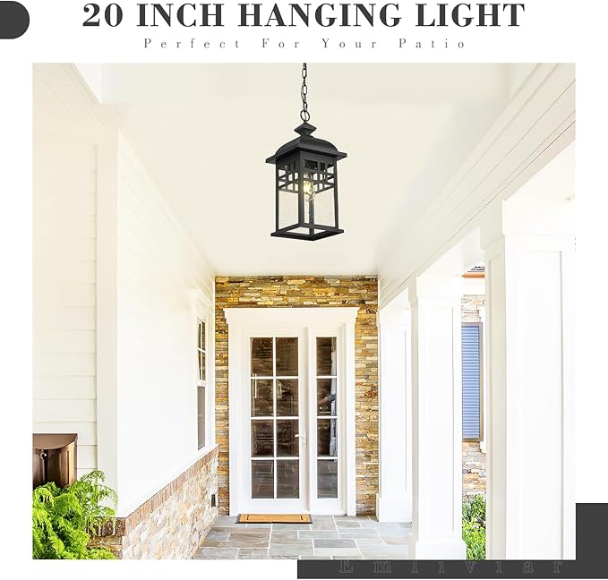 Emliviar 20 Farmhouse Outdoor Pendant Light Large Outdoor Hanging Light for Porch Gazebo Black Finish Aluminum with Seeded Glass Shade DE279H-M BK