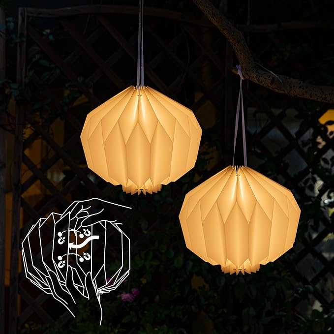 Battery Operated Outdoor Paper Lantern — 2Pack Waterproof Hanging Decorative Light with Remote Timer Foldable Pendant Paper Lantern for Patio Garden Backyard Porch Decor