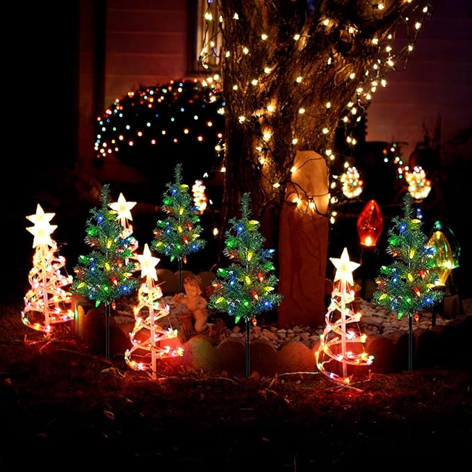 Upgraded 4-Pack Solar Christmas Garden Stake Lights Decorative Xmas Tree Solar Christmas Yard Stake Outdoor Waterproof Pathway Lights for Garden Patio Yard Decorations
