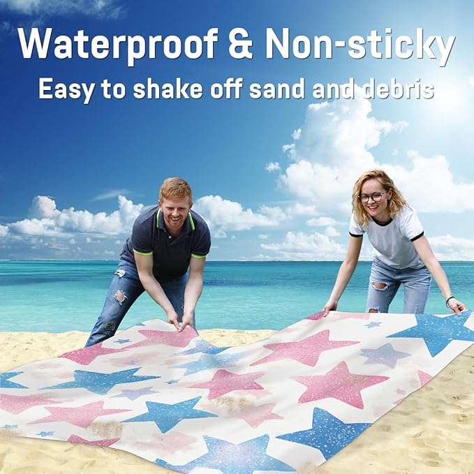 Waterproof Sandproof Beach Blanket 59''×68'' Star Confetti Polyester Outdoor Picnic Blanket with 4 Stakes &amp Storage Bag for BeachCampingVacation White