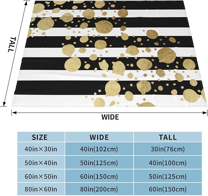 50X40 Faux Gold Paint Splatter On Black &amp White Stripes Lightweight Flannel Blanket - Soft and Breathable Polyester Suitable for Travel Camping and Home Decoration