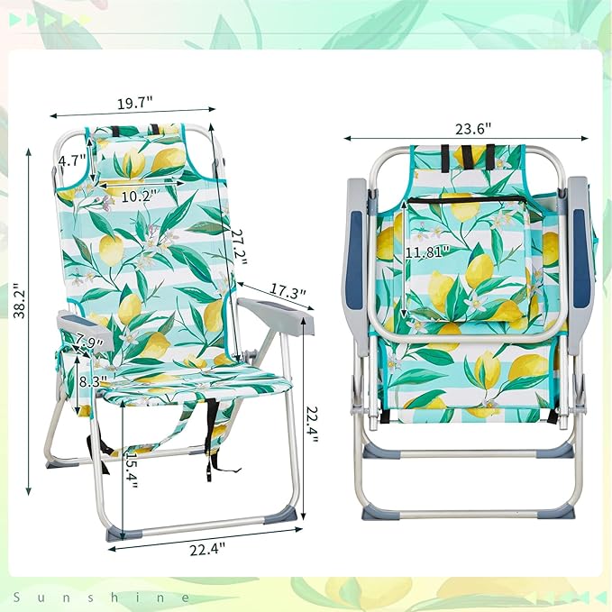 Outvita Backpack Beach Chair 5 Level Adjustable Positions Beach Chair with Back Storage Bag Cooler Pouch and Side Bags for Beach Poolside Lawn