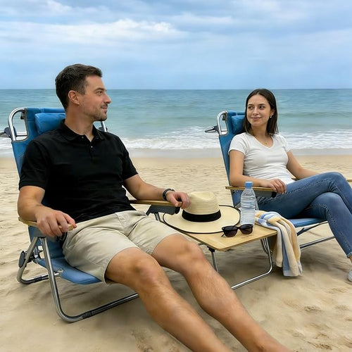 2 Pack Low Backpack Beach Chair with Folding Bamboo Table for Adults 5-Position Lay Flat Reclining Chair Lightweight with Cooler Bag Supports 265 lbs