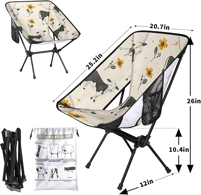 Honeybaby Folding Camping Chair Flowers Cows Camping Chairs Lightweight Portable Chair Outdoor Foldable Chairs for Camping Travel Picnic Beach Hiking