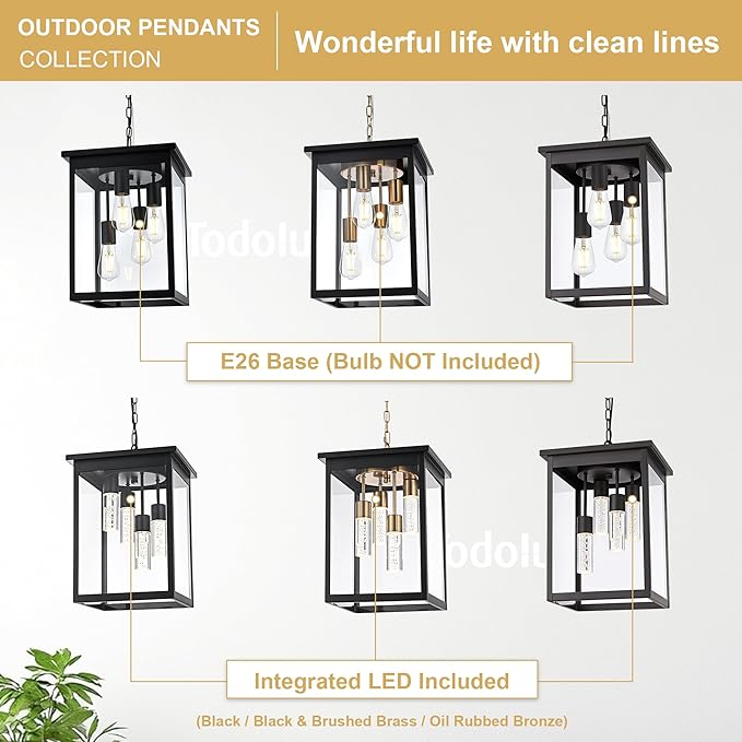 TODOLUZ LED 5CCT 4-Light Large Outdoor Pendant Light Fixtures in Oil Rubbed Bronze Adjustable Height Porch Hanging Lighting for Yard Entryway Patio Exterior Ceiling Lantern LED Chips Included