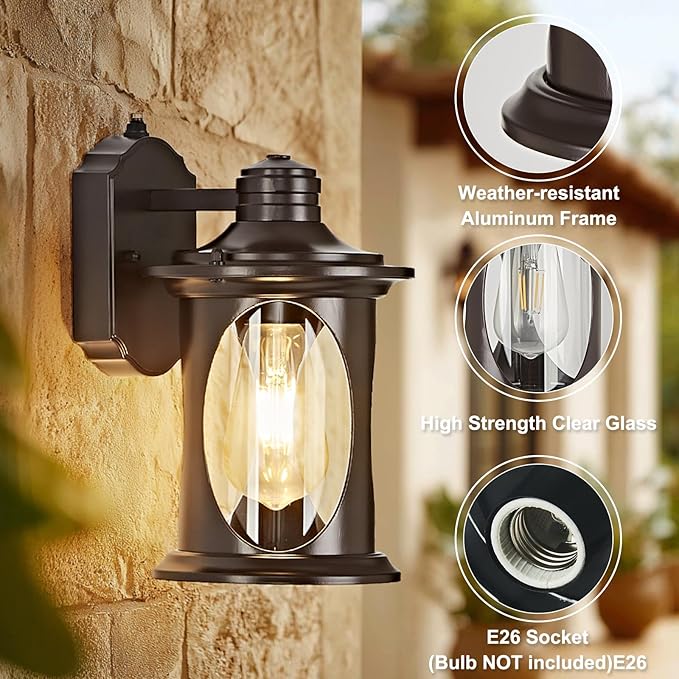 OKELI Dusk to Dawn Outdoor Lighting Porch Wall Light Fixture with E26 Waterproof Rust Resistant Exterior Lantern Lights Wall Mounted Outside Lamp for Porch Garage House(Brown)
