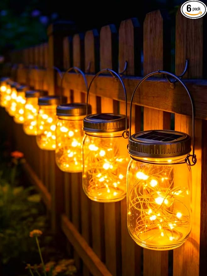 Cooo Gift for her him 6 Pack Solar Lanterns Outdoor Waterproof Upgraded Crystal Glass Solar Mason Jar Lights 30 LED 215% Larger SolarPanel Anti-Rust Lid Hanging Outdoor Lanterns for Garden Porch
