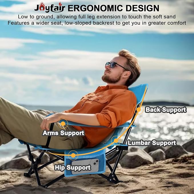 Joyfair Beach Camping Chair (2 Pack) Outdoor Folding Lawn Chair for Adults Heavy Duty Portable Chair with Armrest for Outside Fishing Sport Patio Cup Holder &amp Storage Pocket Carry Bag (Blue)