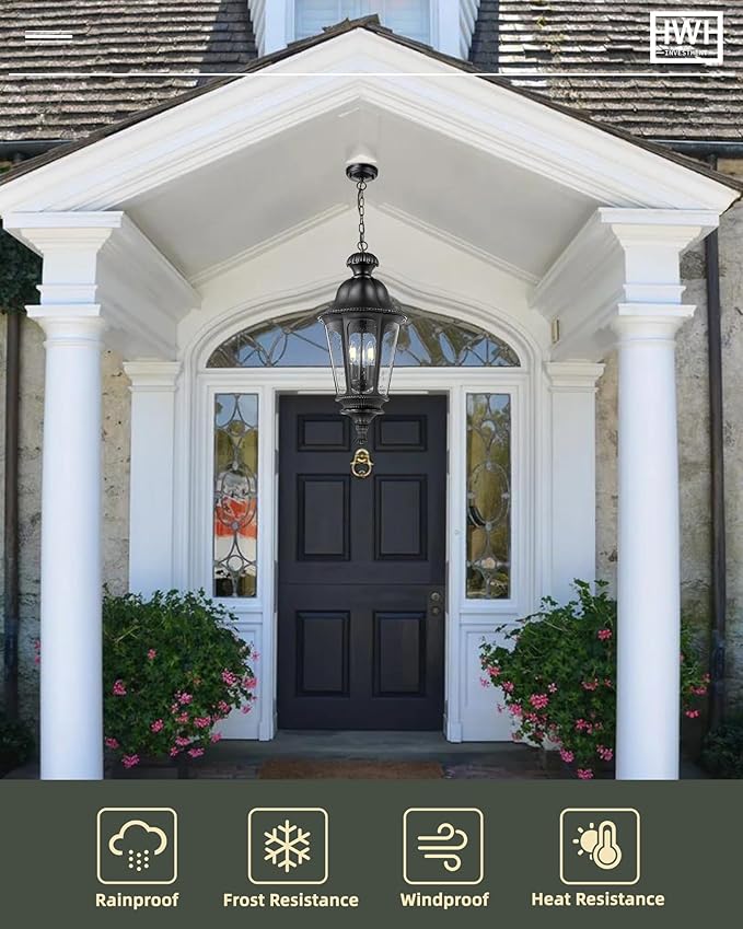 Outdoor Pendant Lights for Porch HWH 26'' Large Exterior Hanging Light Fixtures with Seeded Glass Outdoor Hanging Chandelier for Porch Patio Gazebo Hallway Matte Black Finish 5HW90H-L BK