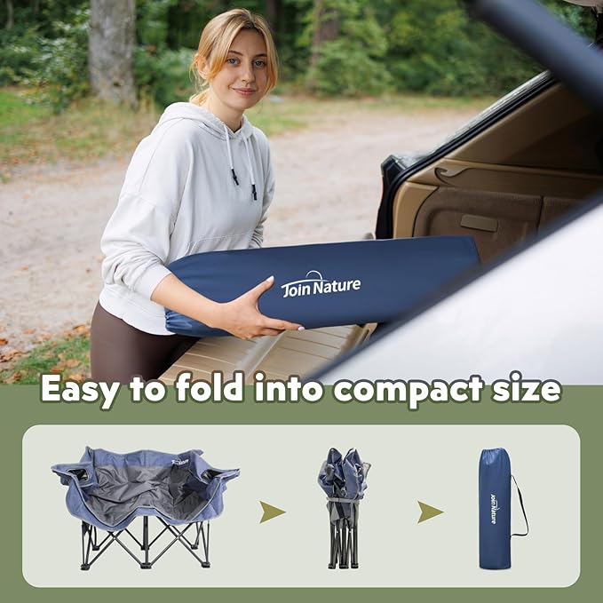 700lbs Capacity Double Camping Chair for 2 Adults - Low-Profile Outdoor Loveseat with XL Cup Holders &amp Storage Pockets Heavy Duty Folding Couch for Camping Lawn Backyard (Navy Blue)